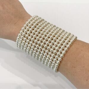 Vintage 14 Row Wide Wired Faux Pearl Stacked Oversized Statement Cuff Bracelet